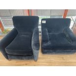2 x Dark Blue Velvet Upholstered Armchairs