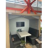 Wooden Framed Meeting Booths with Grey Cloth Upholstered Seating and Fixed Wooden Table