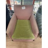 Pink Cloth Upholstered Armchair with Green Cushion