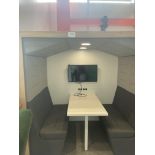Wooden Framed Meeting Booths with Grey Cloth Upholstered Seating and Fixed Wooden Table
