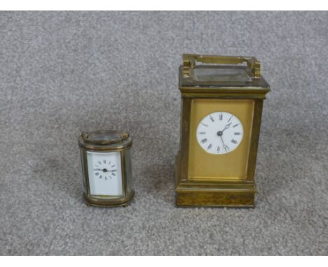 Two 19th century gilt brass carriage clocks, one of rectangular form with engine turned gilt metal surround and white enamel 