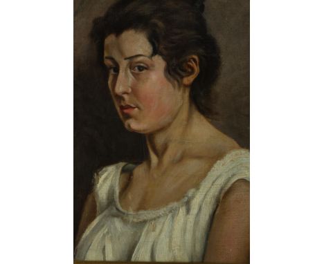 After Pablo Picasso, Portrait of a lady wearing a white dress, oil on board, bearing signature, in a gilt frame. H.56 W.46cm.