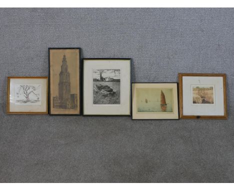 Five framed and glazed prints: J. Beattie Scott, hand coloured etching of sailing boats signed, an etching of a barge on the 