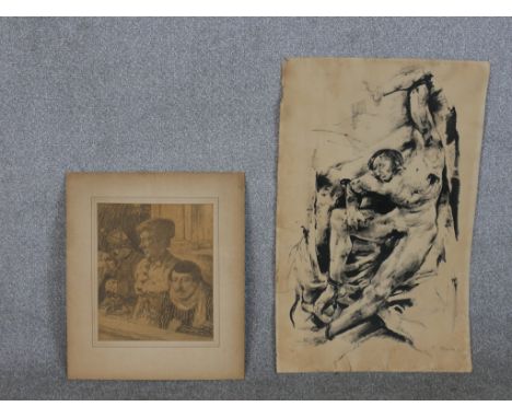 An unframed pencil drawing of three figures, signed E. Troney along with a signed lithographic print of a nude man in shackle