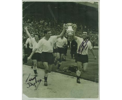 Terry Dyson and Bobby Smith signed Tottenham Hotspur 10x8 inch vintage black and white photo pictured celebrating with the FA