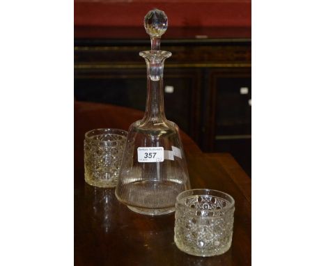 Glassware - a mallet shaped decanter and two hobnail cut glass jars. (3)