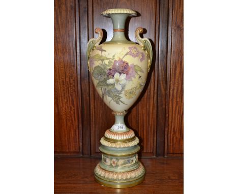 A Royal Worcester blush ivory twin handled urn vase, printed with flowers, socle plinth base (restoration) c.1900