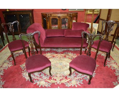 An Edwardian mahogany five piece salon suite - tub end sofa, scrolling end, padded top rail, pierced splats, stuffed overseat