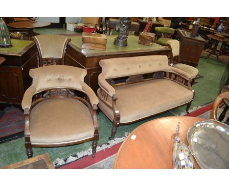 A Victorian five piece salon suite, comprising two seater sofa, two tub chairs and two side chairs, c.1860