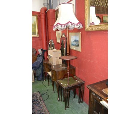 A reproduction nest of three tables; a reproduction mahogany standard lamp/wine table (2)