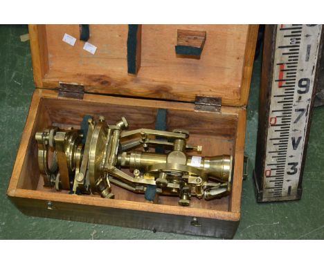 A reproduction brass Stanley of London surveyor's theodolite; an Adie telescopic surveyor's measuring stick. (2)