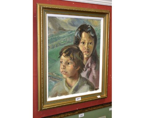 Continental School (late 20th century)
Double Portrait, Siblings in a Landscape
signed, oil on canvas, 47cm x 36cm 