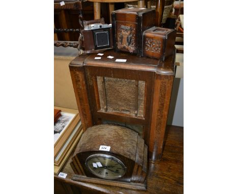 An Apollo 120 35mm camera, mod. 1950, brown leather case; an Enfield Royal oak mantel clock; a walnut veneer pilot radio; a 1