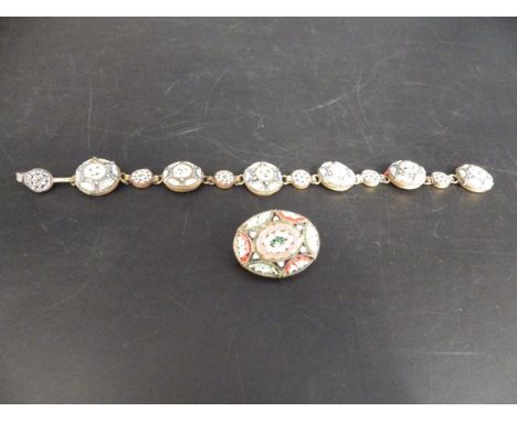 A vintage Italian micro mosaic brooch, and a micro mosaic bracelet - clasp missing, with some historic repairs to the back.