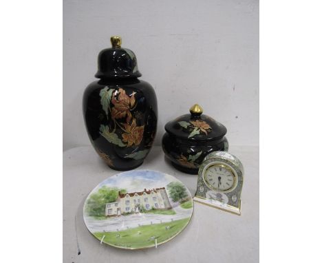 Large lidded vase and matching squat vase, hand painted plate and Wedgwood clock&nbsp;