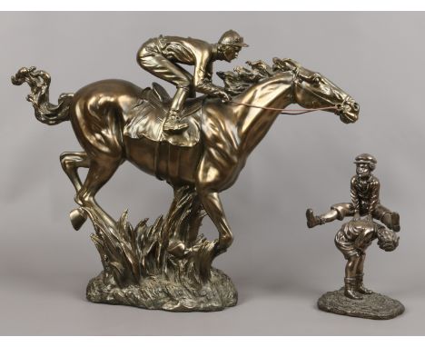 A bronzed composite model of a racehorse and jockey along with a similar example of two children playing.