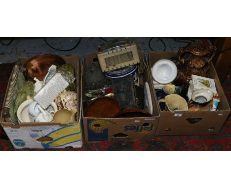 Three boxes of miscellaneous pottery, china, glassware, wooden items and metalwares etc including Beswick and Wade etc.