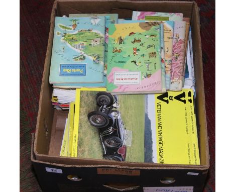 A box of Veteran and vintage car magazines; American Geographical Society guide books and model engineer magazines.