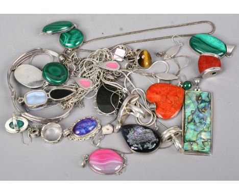 A box of mixed silver and white metal jewellery set with assorted coloured and hardstones.