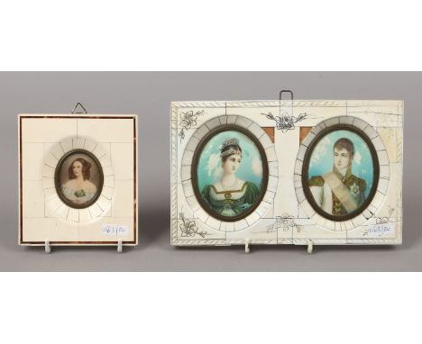 A pair of portrait miniatures in piano key frame, a gentleman in military dress and his companion and a similar miniature.