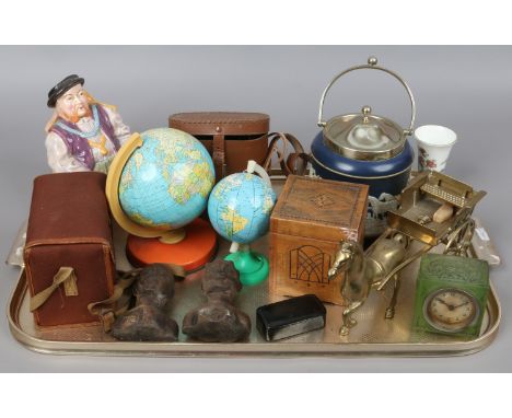 A tray of mixed ceramics and collectables to include brass horse and cart, African carved wooden busts, tin globe, glass Art 