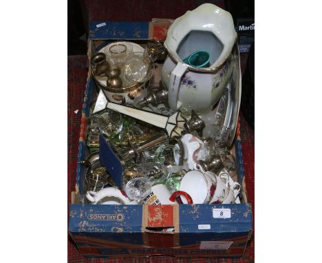 A box of miscellaneous ceramics, glass and metalwares to include Colclough part tea service, National Union Miners cabinet pl