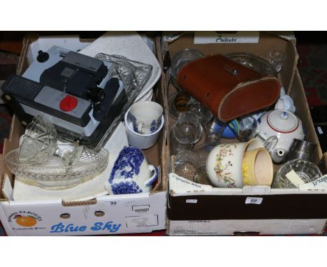 Two boxes of assorted pottery, china and glass and a Prinz Super 8 projector.