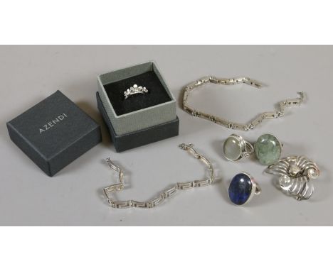 A small quantity of silver jewellery including two bracelets, a brooch and four rings including cabachon hardstone set exampl