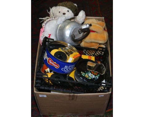 A box of miscellaneous to include pair of boxed Spode cabinet plates, Kodak recording tapes, cuddly toys, vintage ceramic wal