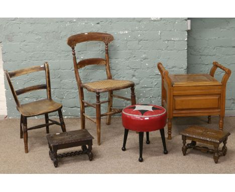 A Victorian satinwood commode along with a vintage childs chair, ladder back chair with bergere seat, two carved oak stools a