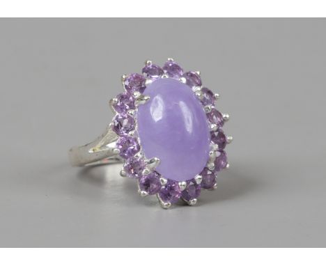 A sterling silver amethyst and lavender jade dress ring, size M. 