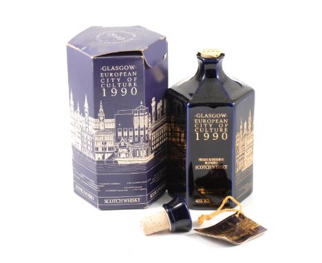 Glasgow European City of Culture 1990 decanter with blended Scotch whisky, Douglas Laing, 75cl, 40%, in hexagonal card carton