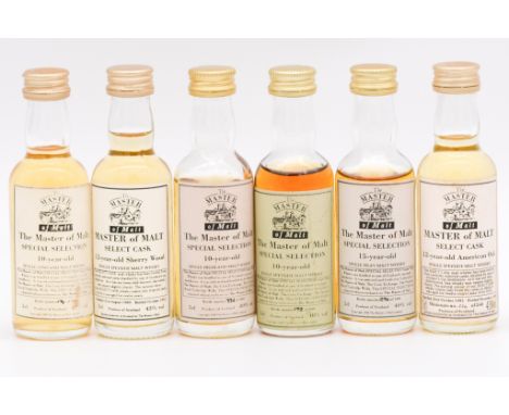 The Master of Malt - six whisky miniatures, four Special Selection series, two Select Cask series:10 year old, single Lowland