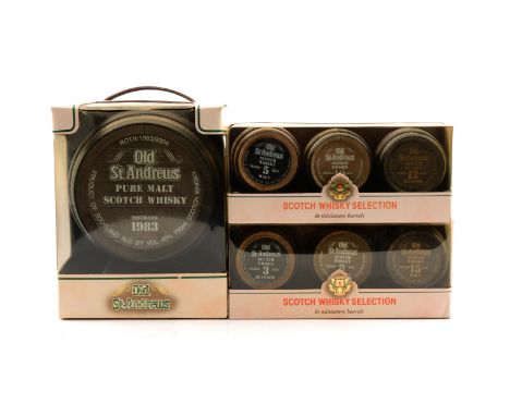 Old St Andrews, six presentation gift sets including:1983 barrel, 70cl, 40%, in cartonScotch whisk miniature selection, 1x 3y