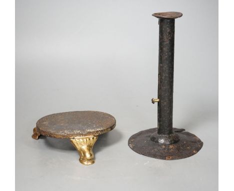 An 18th century provincial tole candlestick and an 18th century iron and brass oval stand, candlestick 20cm