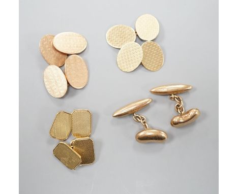 Four assorted pairs of 9ct gold cufflinks including engine turned,30.4 grams.
