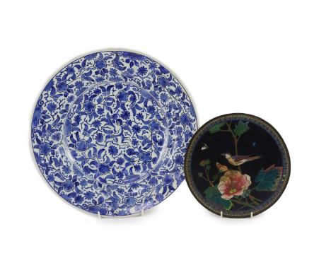 A Delft Roos factory blue and white dish and a Japanese cloisonné enamel dish