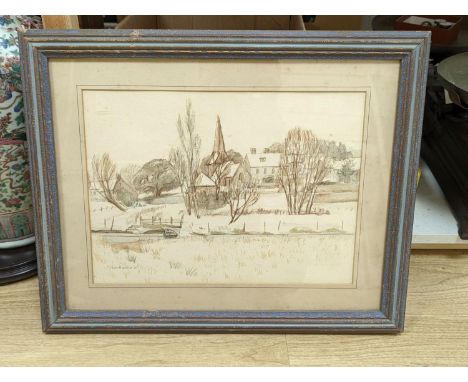 M F L Bauwens, watercolour and pencil, 'Bury Ferry and Church', signed and dated '42, 30 x 41cm