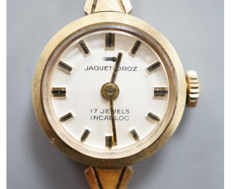 A lady's Jaquet Droz 9ct gold manual wind wrist watch,gross weight 15.2 grams.