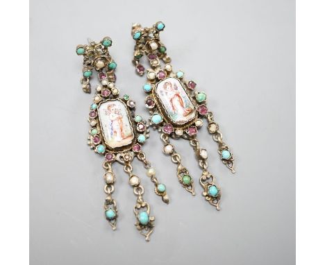 A pair of 19ct century Austro-Hungarian? gilt white metal, enamel and semi=precious gem set drop earrings, 7cm.