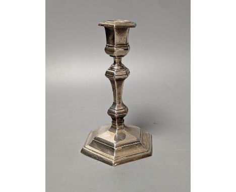 A late Victorian silver hexagonal candlestick, Thomas Bradbury &amp; Sons, London, 1897, 17.3cm, weighted.