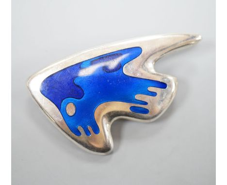 A Henning Koppel for Georg Jensen sterling and two colour blue enamel set stylised fish brooch, no. 307, 59mm.