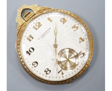 A continental engine turned 750 yellow metal open face dress pocket watch, retailed by Eigenmann, Nuremburg,(glass a.f.), gro