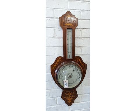 A Victorian marquetry inlaid mahogany aneroid barometer / thermometer, height 82cm