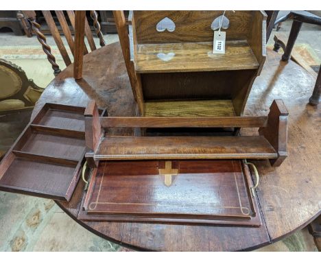 Four assorted stools, two trays, a bookstand and a wall shelf