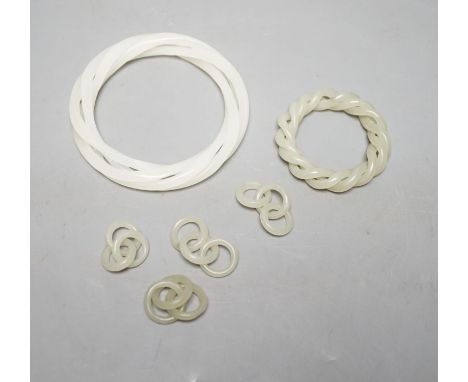 Two Chinese jade corded bangles, and four similar chain sections