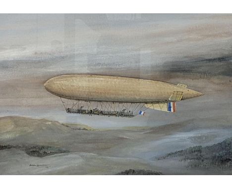 § § Norman Wilkinson (1878-1971), ink and watercolour, Fleurus Airship French Army 1912, signed with label verso, 27 x 38cm