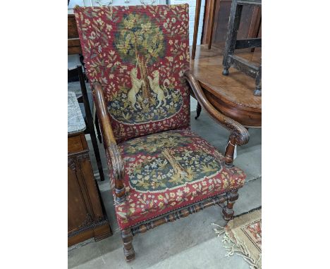 A 19th century walnut tapestry armchair, width 65cm, depth 53cm, height 110cm