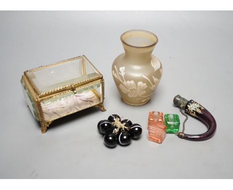 A glass trinket box, 20cm.,  Bohemian enamelled glass novelty scent bottle, etc.