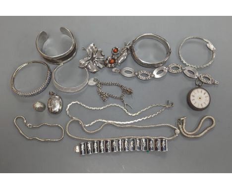 A quantity of assorted jewellery etc. including Danish sterling bangle and leaf brooch, a white meta and niello bracelet and 